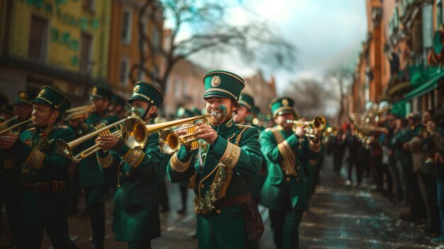 Foto energische marschband in grünen uniformen st. patrick's day parade