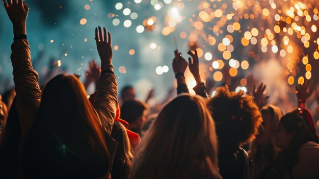 Foto energische menschenmenge bei einem konzert, die das neujahr mit den händen erhoben