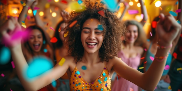 Foto energische partyatmosphäre junge frauen feiern und tanzen freudig