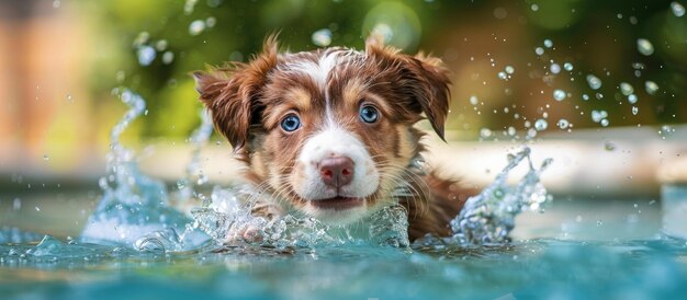 Foto energischer braun-weißer australischer schäferhund, der im pool spritzt