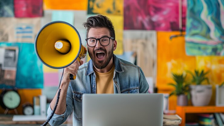Foto energischer mann mit megafon macht eine ankündigung in einem farbenfrohen kreativen büro konzept der kommunikation marketing und arbeitsplatz begeisterung
