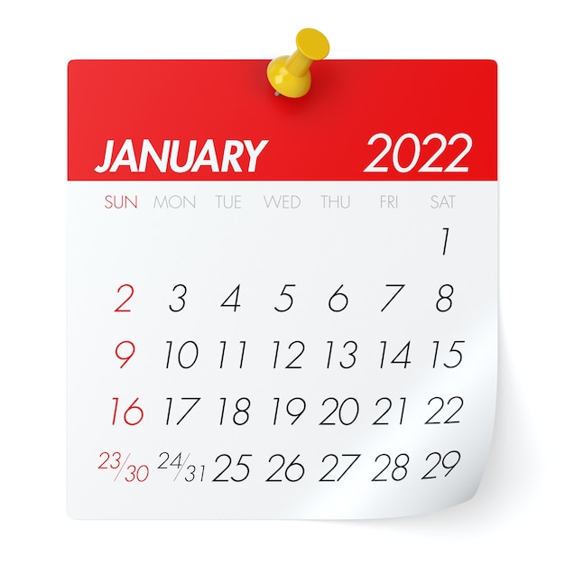Enero de 2022 - calendario. Aislado sobre fondo blanco. Ilustración 3D