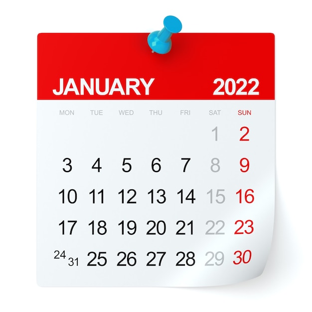 Enero de 2022 - calendario. Aislado sobre fondo blanco. Ilustración 3D