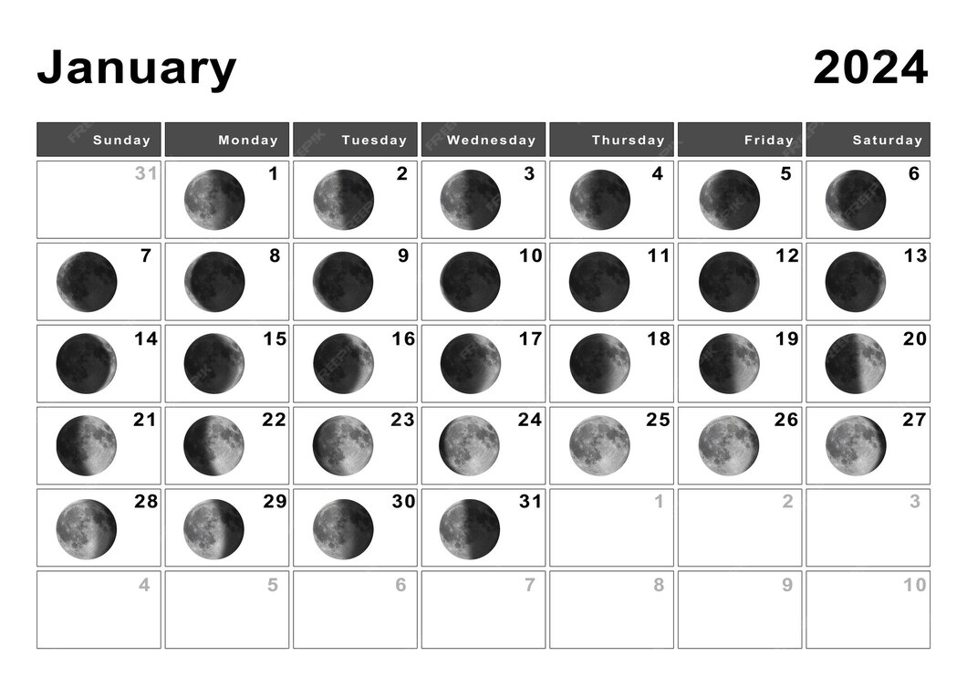 Enero 2024 calendario lunar, ciclos lunares, fases lunares Foto Premium
