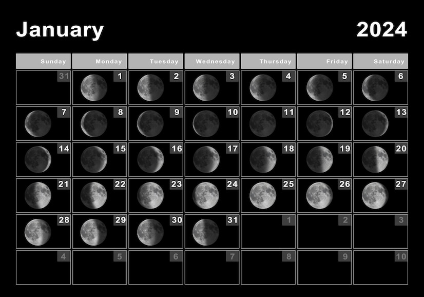 Enero 2024 calendario lunar, ciclos lunares, fases lunares Foto Premium