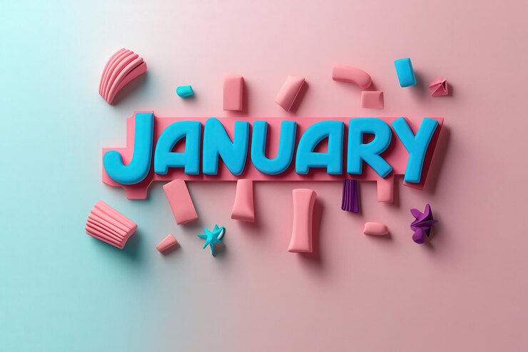 Foto enero se muestra de manera creativa con letras vibrantes rodeadas de varias formas coloridas en un fondo pastel suave la brillante composición captura la esencia del nuevo año