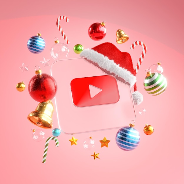 Foto enfeite de natal quadrado de vidro com logotipo do youtube renderização em 3d com fundo rosa