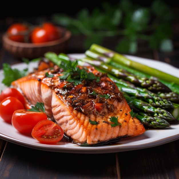 Enfeite de salmão assado com aspargos e tomates