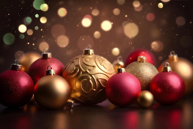 Enfeites de Feliz Natal Bolas de Natal vermelhas e douradas e luzes Árvore de Natal em luzes desfocadas