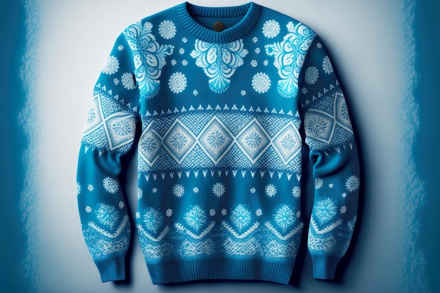 Foto enfeites de geada de inverno com suéter de flocos de neve com padrão de natal em fundo azul