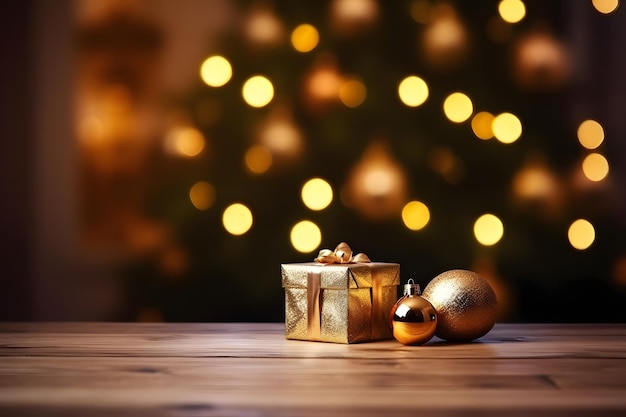 Enfeites de Natal Felizes Bolas de Natal Douradas e caixas de presente de Natal em uma mesa de madeira em frente ao