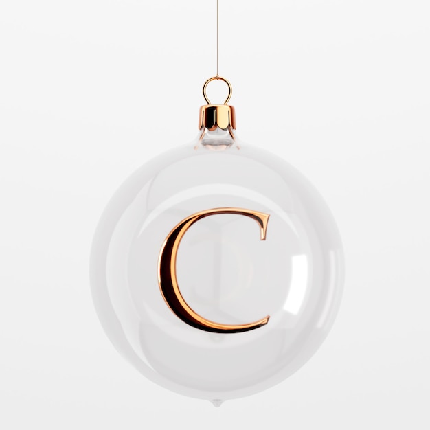 Enfeites de natal festivos de vidro pendurados com renderização em 3D de letra C de ouro
