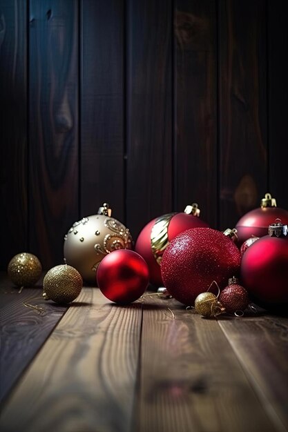 Enfeites de natal na mesa de madeira