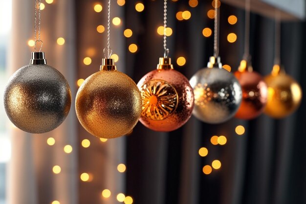 Enfeites de natal pendurados em uma corda com um fundo bokeh