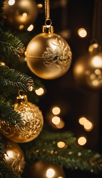 enfeites de ouro pendurados em uma árvore de Natal