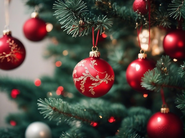 Enfeites de porcelana vermelha de Natal na árvore de Natal gerados por IA