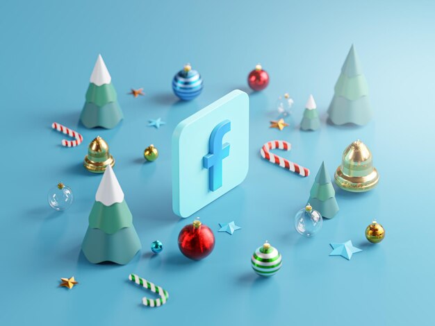 Enfeites fofos de Natal com logotipo do Facebook deitados no chão Fundo azul Renderização em 3D