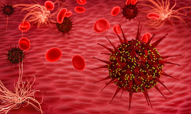 Enfermedad de coronavirus infección COVID-19 ilustración médica patógeno células del virus de la gripe respiratoria covid Nuevo nombre oficial para la enfermedad de coronavirus llamada COVID-19 Rendering 3D