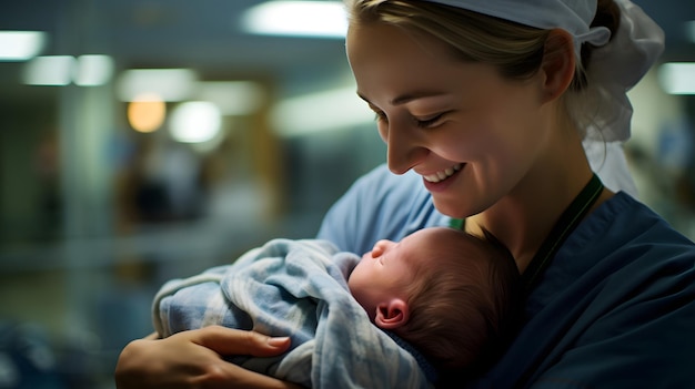 Enfermeira aconchegando um bebê recém-nascido exibindo emoções genuínas de nutrição e cuidado Tend