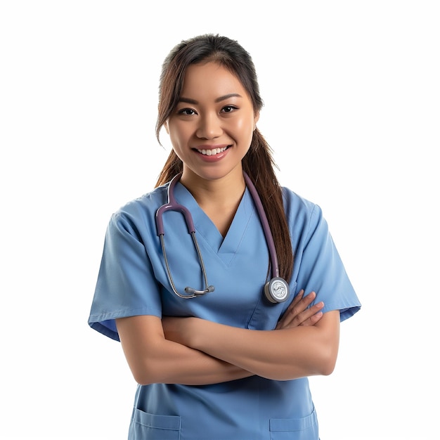 Enfermeira asiática está vestindo seu uniforme profissional com os braços cruzados e um rosto sorridente