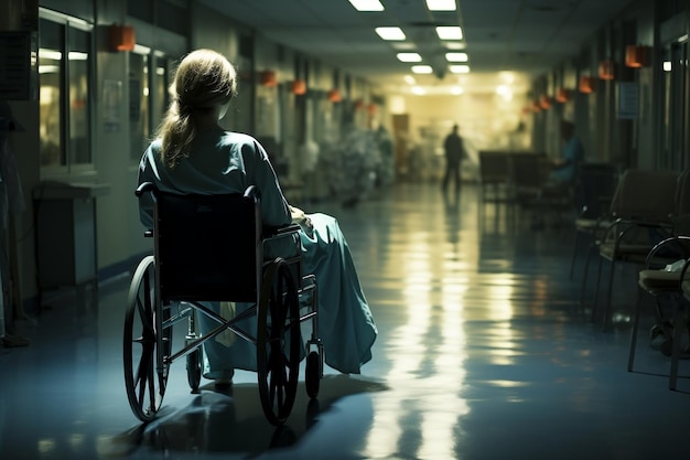 Enfermeira assistente de cadeira de rodas no corredor do hospital IA generativa