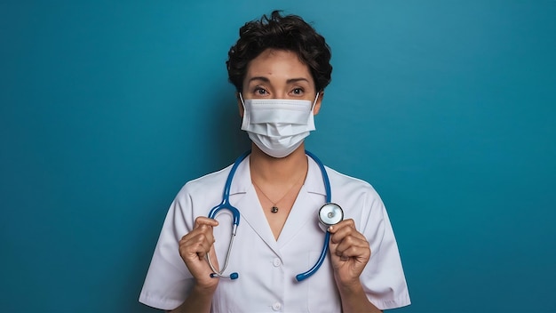 Enfermeira com estetoscópio em uniforme médico branco e máscara estéril de proteção branca