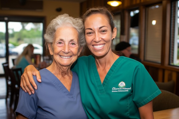 Enfermeira de cuidados para idosos que abraça o paciente idoso com confiança e apoio no lar de idosos