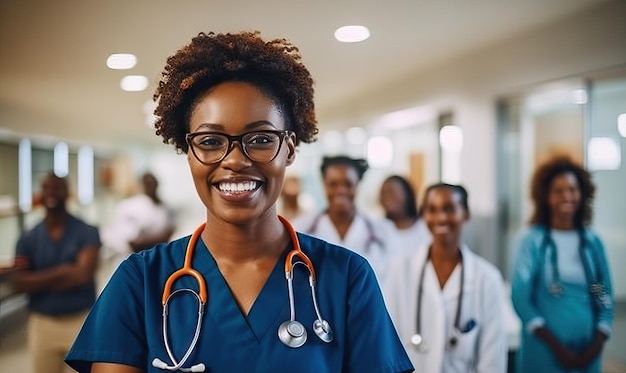 Enfermeira de retrato médica no hospital em pé no corredor mulher negra Médica