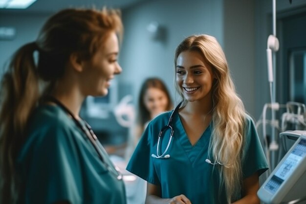 Enfermeira e médica em pé na sala do hospital AI generativa