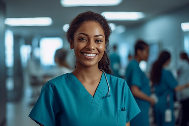 Enfermeira em um hospital sorrindo para a câmera