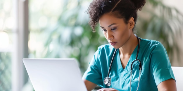 Foto enfermeira em uniforme examina registros médicos em laptop