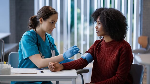 Foto enfermeira habilidosa está fazendo exame de sangue para mulher na clínica gilr sentado perto da mesa