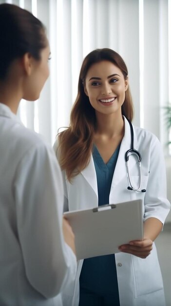 Foto enfermeira ou médico amigável e alegre numa clínica moderna a falar com o paciente, médico feliz ou