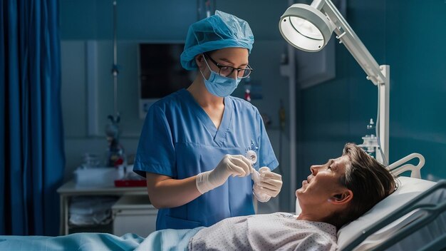 Enfermeira preparando um contador de gotas para um paciente para um procedimento no hospital