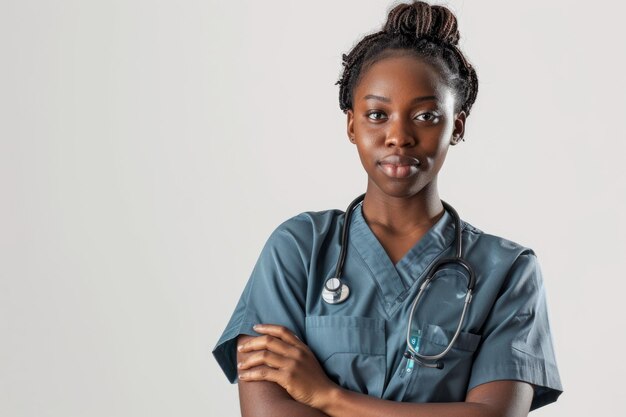 Foto enfermeira preta de roupa médica em fundo branco