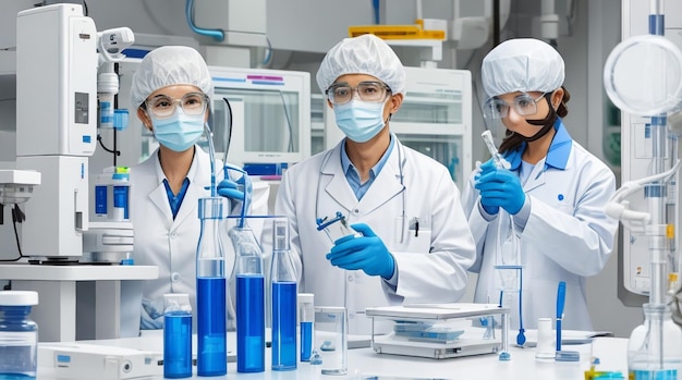 Enfermeira química sentada em laboratório científico examinando a evolução do vírus usando alta tecnologia