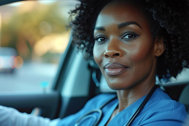 Enfermeira sentada no carro voltando para casa do trabalho Médico afro-americano conduzindo o carro para o trabalho em serviço de chamada Equilíbrio de vida profissional do trabalhador de saúde