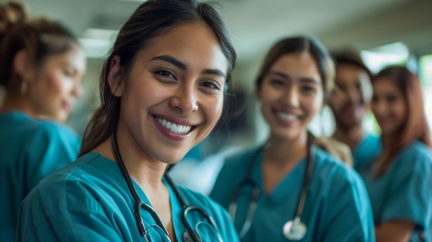 Enfermeira sorridente com colegas em segundo plano em uma instalação médica