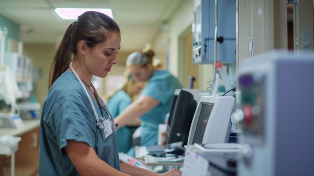 Enfermeiras concentradas a operar equipamentos hospitalares