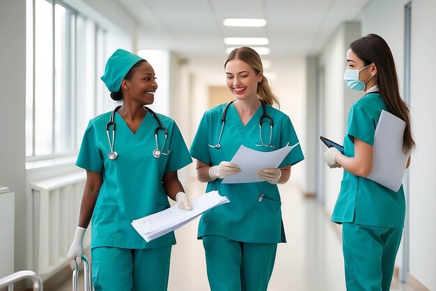 Foto enfermeiras falantes caminhando e documentos no hospital trabalho em equipe diversidade colaboração ou ligação em cirurgia ou clínica pausa sorriso feliz e cuidados de saúde mulheres com papel de pesquisa médica ou piada engraçada