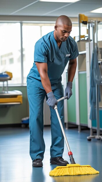 Enfermeiro afro-americano a limpar o quarto de um paciente num hospital moderno.