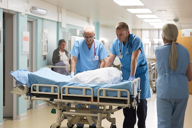Enfermeiro masculino empurrando uma maca em um corredor do hospital com uma paciente do sexo feminino sênior