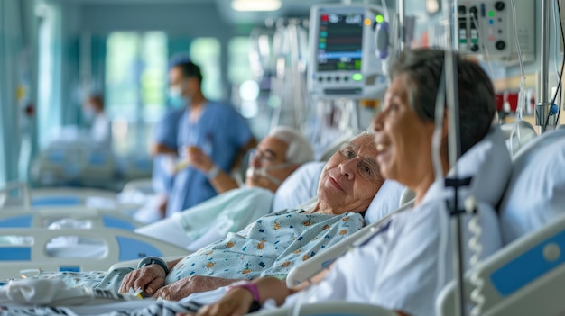 Enfermeiros administrando medicamentos a pacientes em leitos hospitalares