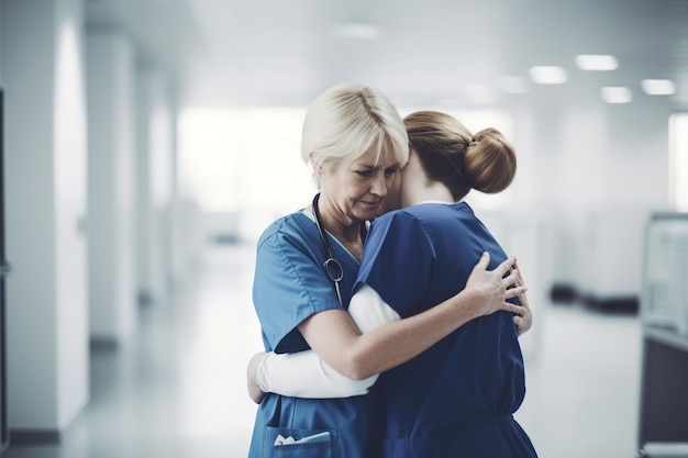 Foto una enfermera abrazando a un paciente en un hospital.