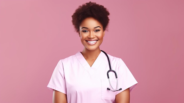 Enfermera africana sonriente de fondo rosa que representa la salud y la belleza