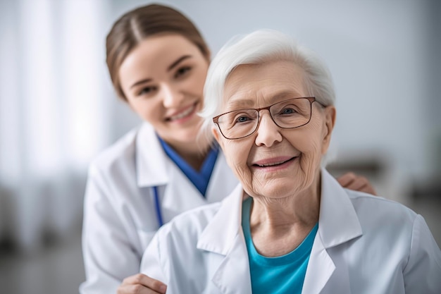 enfermera y anciana mujer feliz en un hospital generativa IA