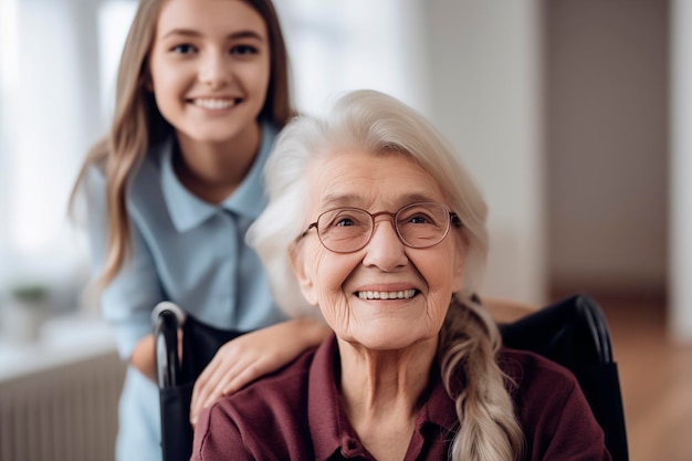 Foto enfermera y anciana mujer feliz en un hospital generativa ia