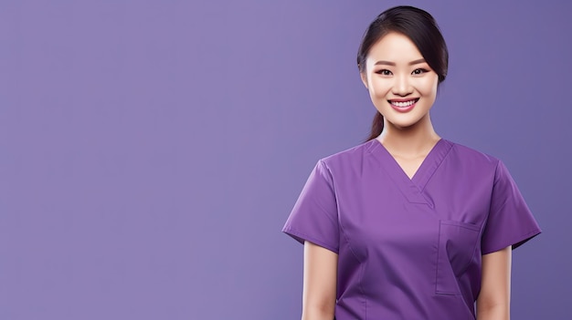 Enfermera asiática sobre el concepto de salud de fondo púrpura