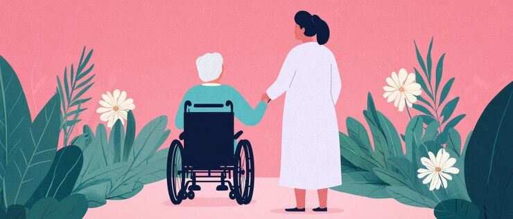 Una enfermera atenciosa ayuda a una anciana en silla de ruedas