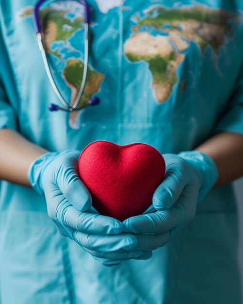 Foto enfermera con bata azul con un corazón rojo vibrante
